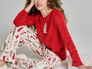 Пижама плюшевая новогодняя с брюками твое, цвет: красный; белый